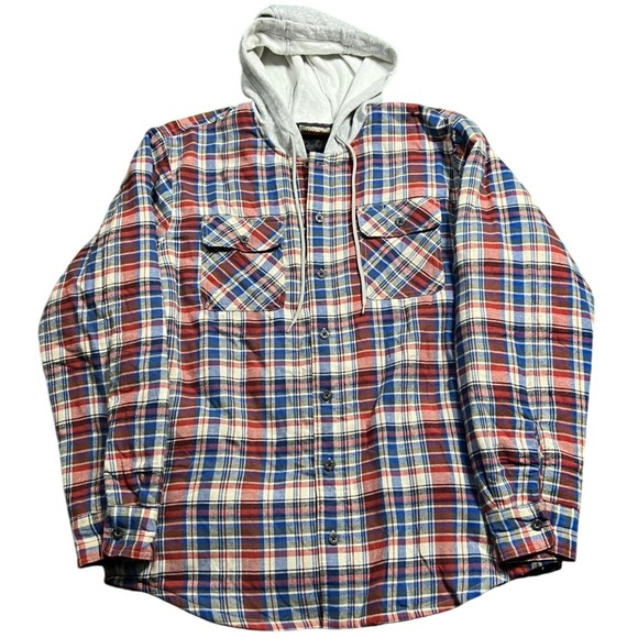 Wrangler Flannel Shirt Jacket Insulated Hooded Plaid Red White Blue Mens Large - Picture 1 of 4